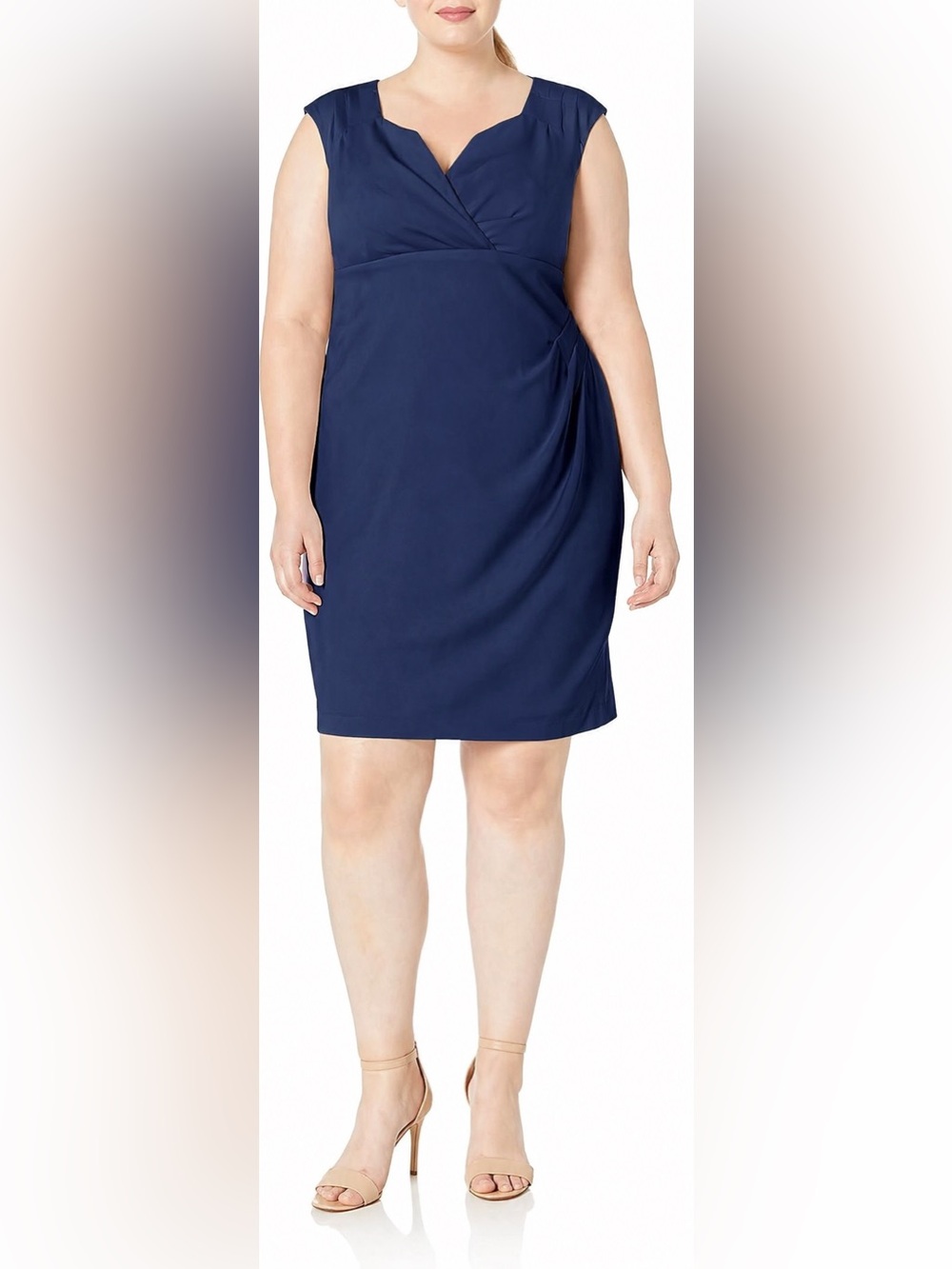 Adrianna Papell Side Pleat Sheath Dress Navy Pleated V-Neck Midi Dress Size 20W